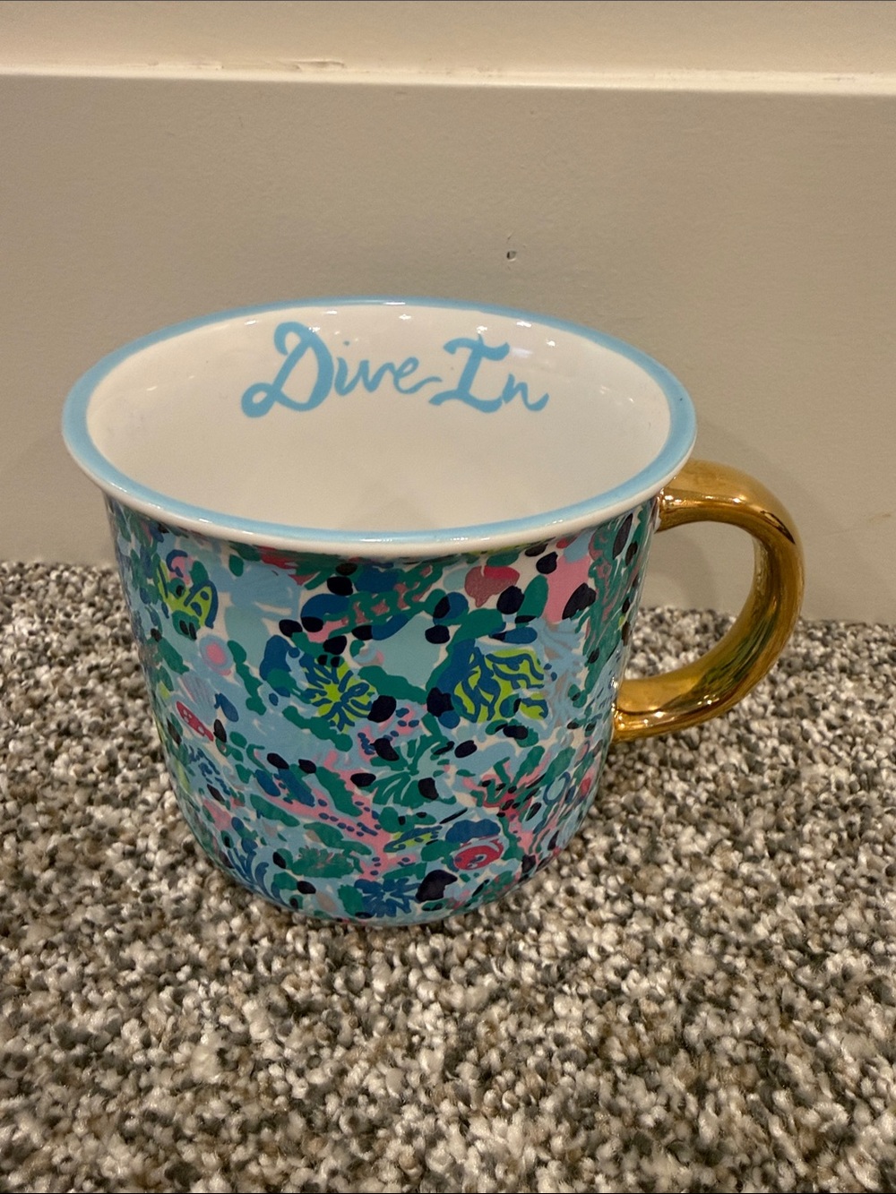 Lilly Pulitzer Dive In Blue Floral Coastal Ceramic Mug with Gold Handle